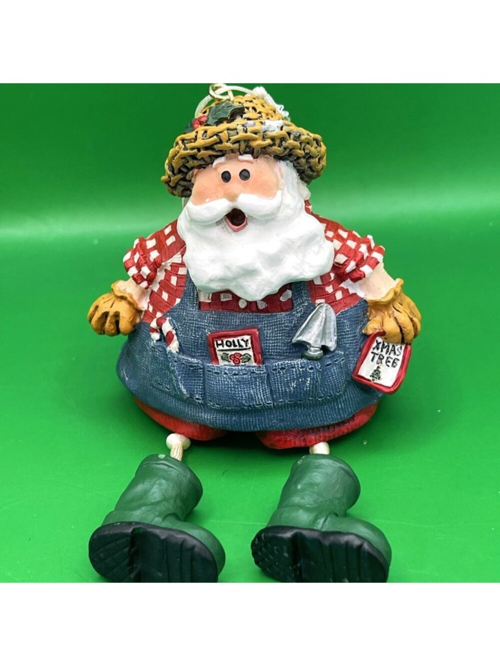 Resin Shelf Sitter Santa Ornament Farmhouse Christmas Green Boots Dangling Legs